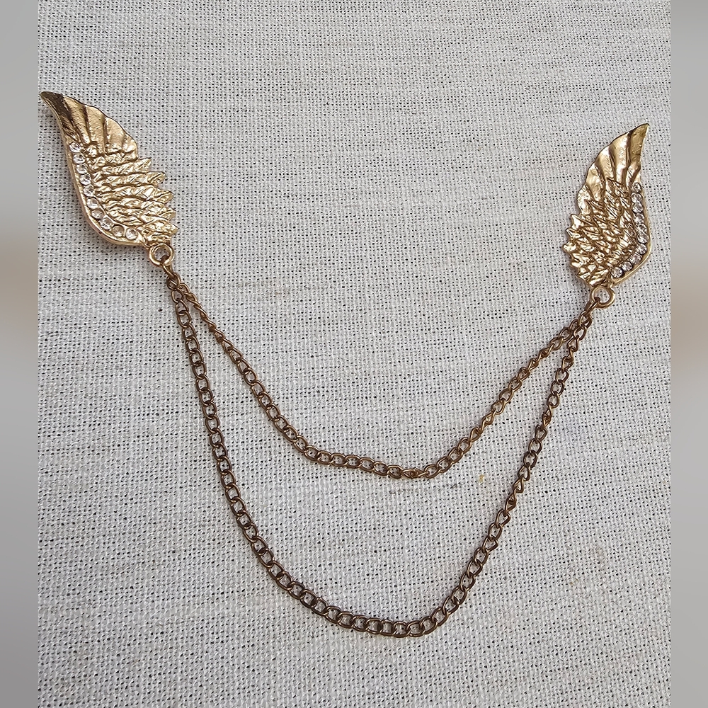 Angel Wings Collar Brooch & Chain Pin Goldtone With Rhinestones Preloved